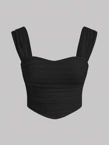 Tween Girls Cute Summer Sweetheart Collar Romatic Solid Ruched Wide Strap Top,French Elegance - Black - View 4