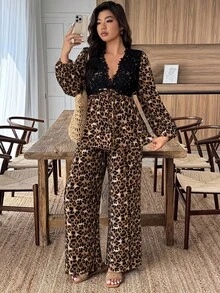 Weeklong Plus Size Women Elegant Leopard Print Flare Sleeve Shiny Fabric Dress, Suitable For Office, Party, Banquet - Multicolor - View 4