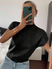 Livesso Women's Solid Color Minimalist Daily Wear Half-Turtleneck Short Sleeve Knit Top - Black - View 4