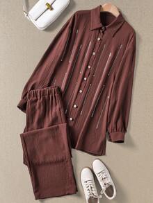 Rusticease 女式休闲通勤水钻装饰衬衫和裤子两件套 - 棕色 - 查看 3