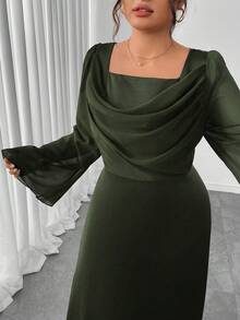 Modelyn Vestido de línea A de manga larga con cintura ceñida y patchwork de tallas grandes - Verde - Ver 6