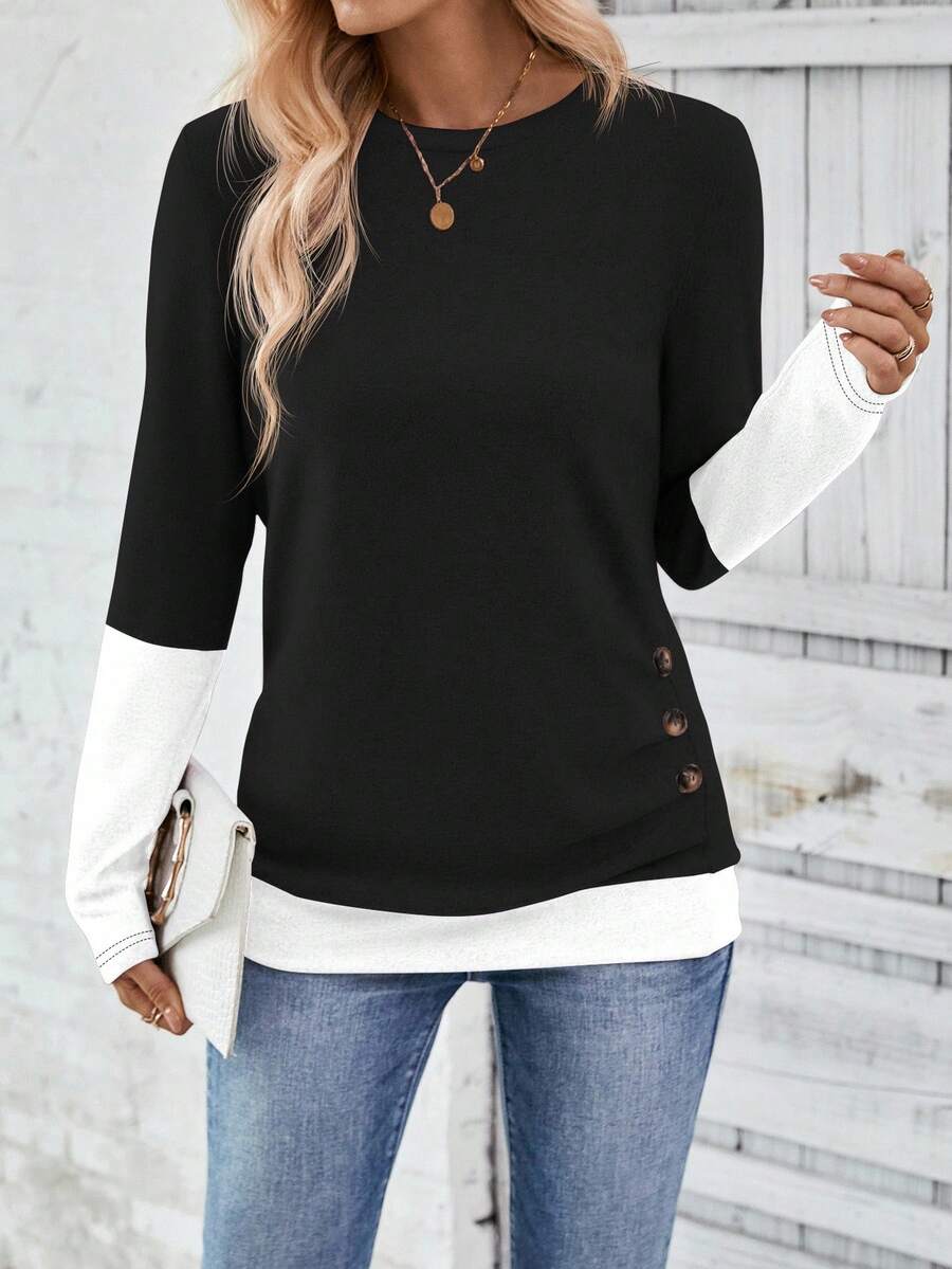 EMERY ROSE Camiseta casual de mujer con parches de color contrastante 2 en 1, camisetas gráficas de otoño para mujeres