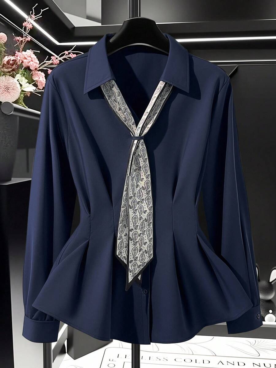 INAWLY Plus Size Women Bow Tie Collar Single-Breasted Casual/Work Shirt, Long Sleeve - Navy Blue - View 1