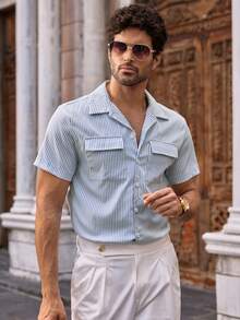 Mainfolk Men's Striped Pocket Decor Fitted Regular Shoulder Short Sleeve Casual Shirt - Blue and White - View 2