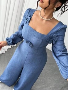 Elenzga Plus Size Women 3D Floral Decor Casual Square Neck Long Sleeve Jumpsuits - Blue - View 5