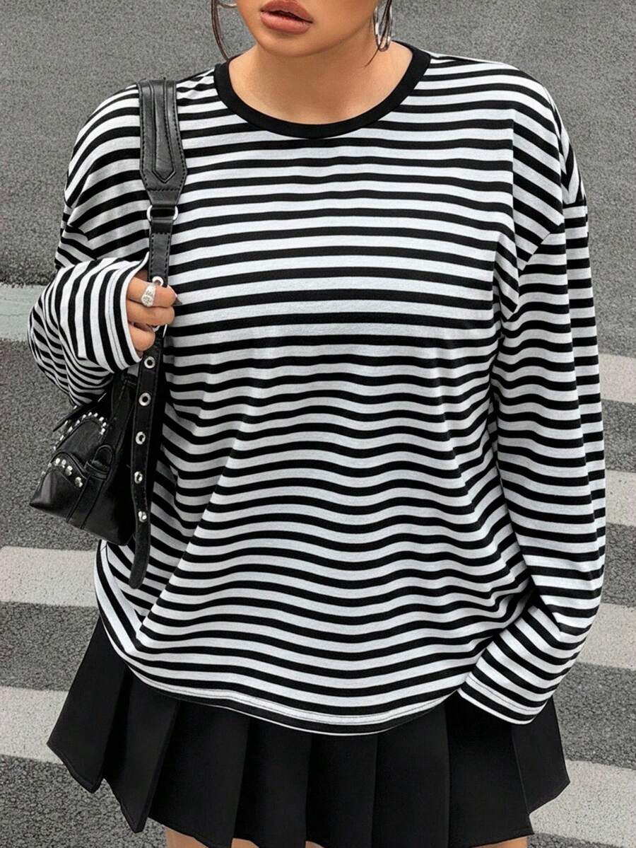 SHEIN EZwear Damen Große Größen Lässig Alltags Pendler Schwarz & Weiß gestreifter Muster Loose Fit Oversized Langarm T-Shirt, Frühling/Herbst