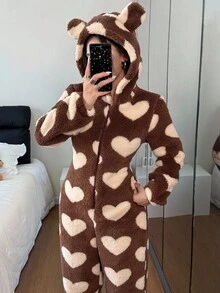 SHEIN 女士毛绒爱心图案耳朵装饰连帽蓬松连体衣，适合秋冬季节，舒适保暖 - 彩色 - 查看 5