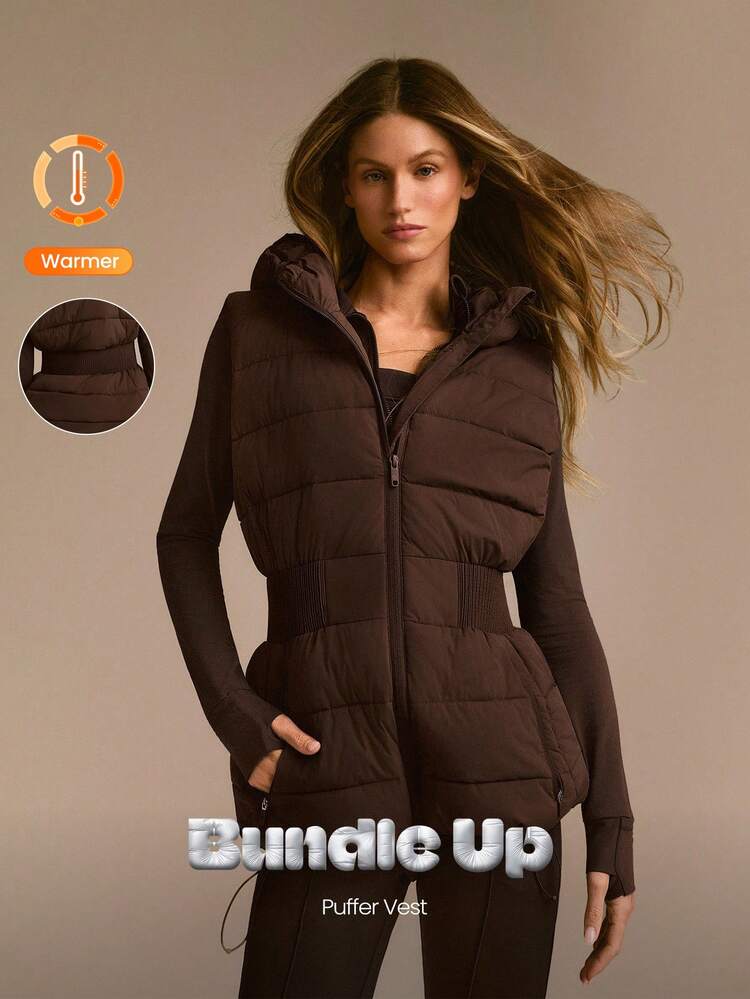 Bundle Up Soft Warm Chill Lightweight Water-Repellent Wide Elastic Waistband Zipper Pockets Adjustable Drawstring Hem Hood Down-Proof Hooded Puffer Vest Autumn Winter Outdoor Daily Casual