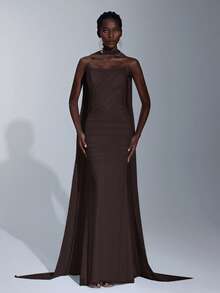 Elitara 优雅奢华浅蓝色弹力网眼船领全荷叶边亮片伴娘礼服