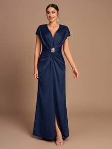 SHEIN Belle Váy phù dâu xẻ tà chữ A tay ngắn xếp ly màu cà phê lãng mạn thanh lịch - Màu xanh hải quân - Xem 6