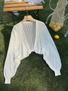 SHEIN Privé Áo len cardigan tay phồng màu trơn đơn giản cho kỳ nghỉ cỡ lớn - Màu be - Xem 7