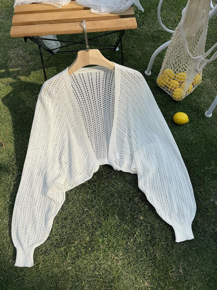 SHEIN Privé 大码度假休闲纯色镂空针织灯笼袖开衫 - 杏色 - 查看 7