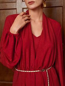 Aalyst Damen glänzendes, elastisches Kleid mit V-Ausschnitt, ärmellos, geraffter Taille und Metallic-Ketten-Gürtel, elegantes, vintage französischer Street-Style Maxikleid, geeignet für Weihnachten, Halloween, Thanksgiving, Nachmittagstee-Party, Herbst/Winter - Bordeaux - Übersicht 4