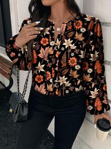 EMERY ROSE 休闲优雅枫叶花卉图案圆领长袖大码衬衫，适合春秋季节 - 彩色 - 查看 6