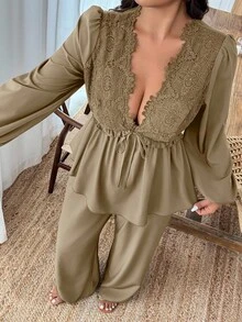 Weeklong Plus Size Women Deep V-Neck Lace Patchwork Lantern Sleeve Pleated Ruffle Tie Front Top And Wide Leg Pants 2 Pieces Set - Khaki - View 3