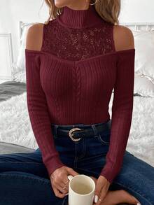 SHEIN Clasi Damen Winter Sexy Ärmel Design mit elegantem Spitzen Patchwork Pullover Pullover für Partys, Arbeit und Ausgehen, Cut-Out - Bordeaux - Übersicht 6