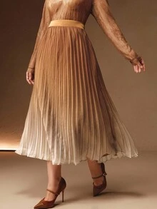 Anewsta Plus Size Women Elegant Fashion Versatile Ombre Pleated Skirt - Coffee Brown - View 6