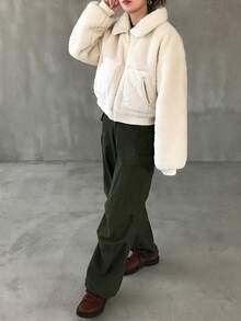 FRIFUL 女式白色羊羔绒领钻石绗缝宽松休闲下摆罗纹棉服外套，带大口袋，秋季夹克 - 白色 - 查看 2