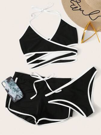 Conjunto de bikini de verano con anillo, bra de cuello halter con ribete de contraste y panty de baño y shorts de delfín, 3 piezas
