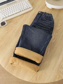 SHEIN Pantalon en jean bleu marine confortable et ample, doublé de thermique, pour garçons. Idéal pour l'automne/hiver, le port quotidien, les tenues de rue, Halloween, Noël. Jeans d'hiver, jeans pour tout-petits, jeans chauds - Jean brut - Voir 4