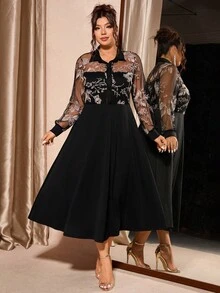 Cravure Elegant Party Fashion Embroidered Collar Long Sleeve Waist Cinched Plus Size Women Dress