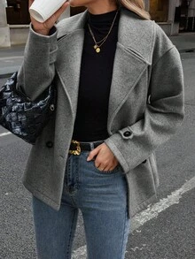EMERY ROSE 女士休闲翻领双排扣宽松羊毛大衣，秋季 - 灰色 - 查看 4