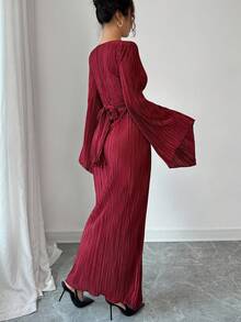 Elenzga 褶皱 V 领交叉系带喇叭袖鱼尾连衣裙 - 酒紅色 - 查看 2