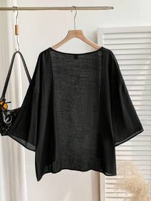 SHEIN EZwear Áo khoác ngắn mỏng nhẹ họa tiết cỡ lớn mùa hè cho mùa thu/đông - màu đen - Xem 2