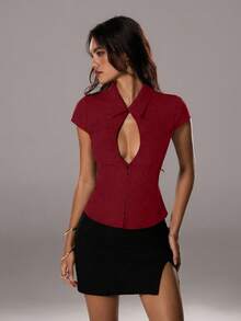 TRNVIE Summer Elegant Commuter Women's Red Hollow Out Sexy Button-Up Collar Office Mermaid Style Short Sleeve Blouse Top