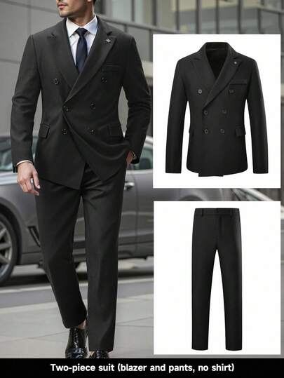 Manfinity Bizformal Conjunto de traje formal de negocios de manga larga de doble botonadura de unicolor para hombre