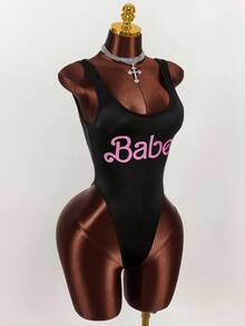 Amplova Shiny Fabric Sexy Plunging Neckline Women's Bodysuit Rave Bodysuit Women Bodysuit - Black - View 5
