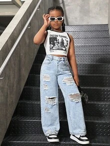 Sparklyn Tween Girls Y2K 休闲百搭破洞宽松阔腿牛仔裤，适合日常城市散步穿着 - 淺色水洗藍 - 查看 7