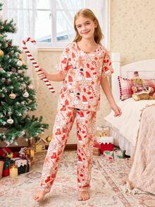 Tween Girl Halloween Funny Ghost & Pumpkin Print Flame Retardant Milk Silk Casual Pajama Set, For Christmas