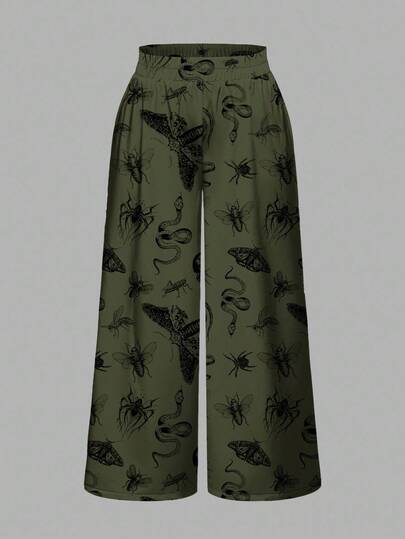 Goth Pantalones anchos y sueltos con estampado todo sobre de esqueleto de polilla, planta, serpiente y araña gótica romántica para tallas grandes
