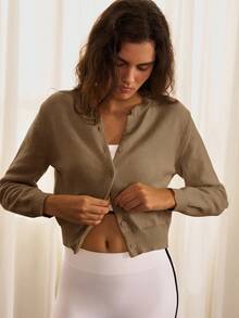 SHEIN BASICS 休闲纯色圆领长袖宽松短款女式毛衣开衫秋冬女装 - 駝色 - 查看 5