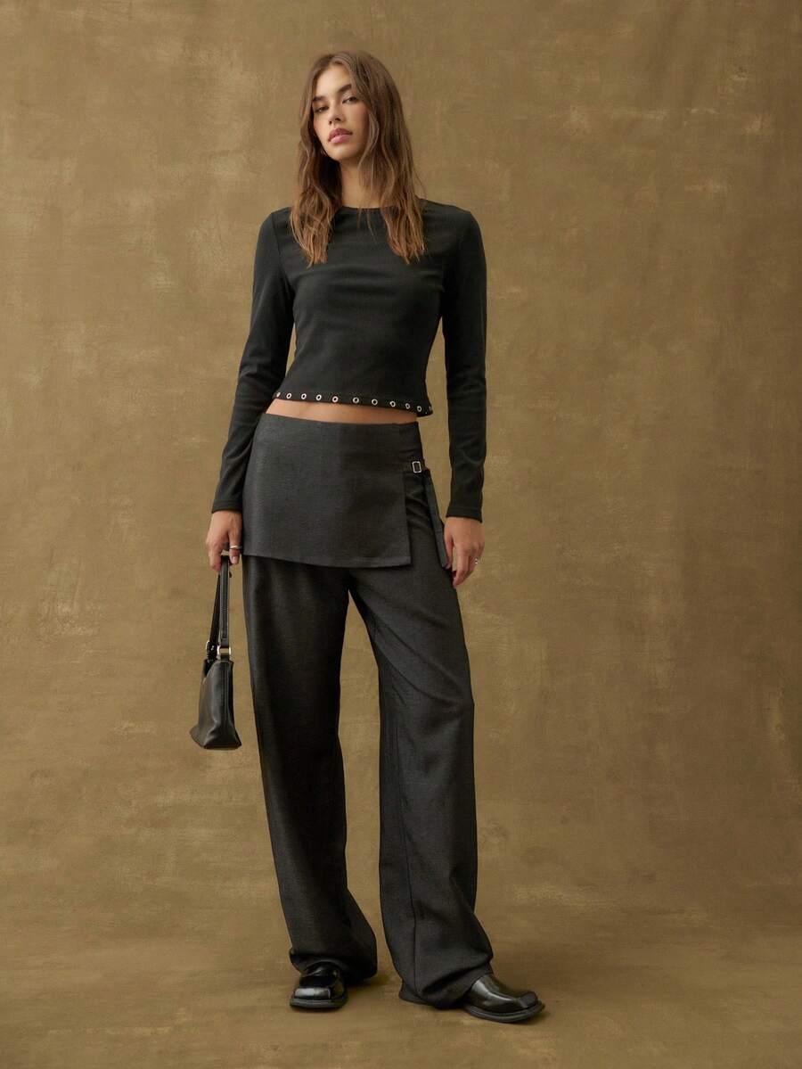 Nöista Schwarze Hose mit einer geschichteten Rock-Detail und seitlicher Schnalle für eine kantige Silhouette; ideal für modebewusste Herbstoutfits und auffallende Winterabendlooks, großartig für Halloween-Nächte oder Silvester-Feiern. - Blau - Übersicht 1