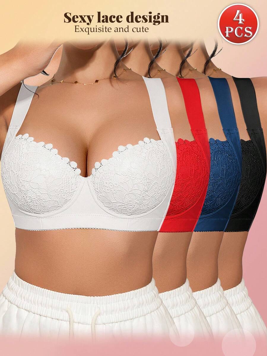 DesireSculpt 4 件套女士蕾丝拼接柔软舒适可调节肩带聚拢提拉钢圈文胸套装 - 彩色 - 查看 1