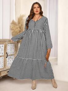 EMERY ROSE Plus Size Casual Loose V-Neck Plaid Long Dress Plaid Dress Women Picnic Dress For Woman Houndstooth Dress Gingham Dress, Autumn/Winter,2025 New