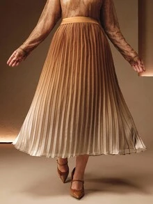 Anewsta Plus Size Women Elegant Fashion Versatile Ombre Pleated Skirt - Coffee Brown - View 5