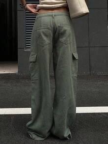 DAZY Retro American Design Loose Fit Multi-Pocket Casual Cargo Jeans For Women - Olive Green - View 2