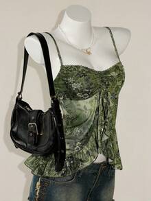 SHEIN ICON 女士夏季外出夏威夷波西米亚风佩斯利印花西部红色飘逸荷叶边细肩带花卉印花吊带娃娃装背心，时尚性感，适合夏季 - 綠色 - 查看 4