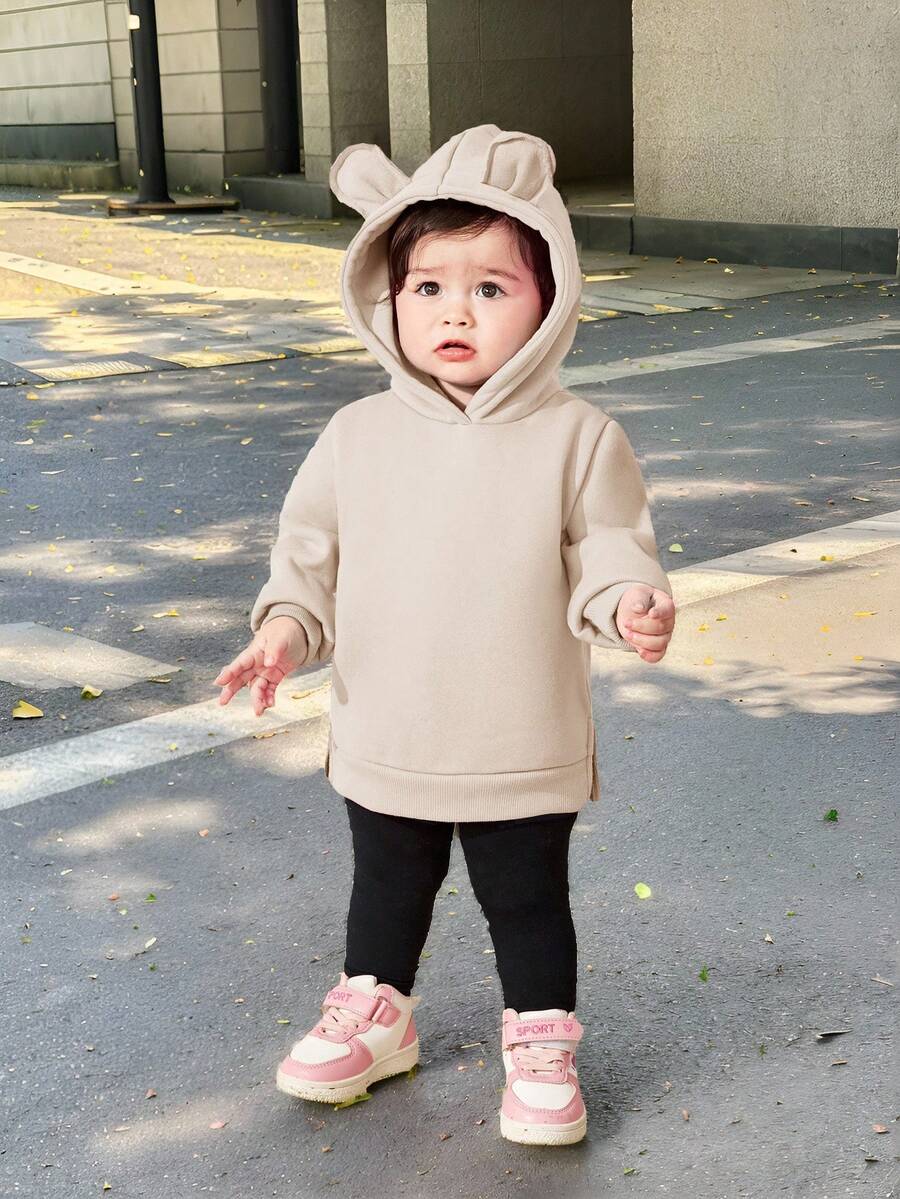SHEIN Babygirl Cute Versatile 3D Ear Hooded Fleece Sweatshirt, Autumn/Winter Fall - Khaki - View 1