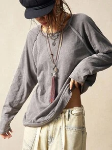 Bohemela BOHO Casual Solid Color Knit Crew Neck Butterfly Hollow Back Design Loose Long Sleeve T-Shirt For Women - Grey - View 5