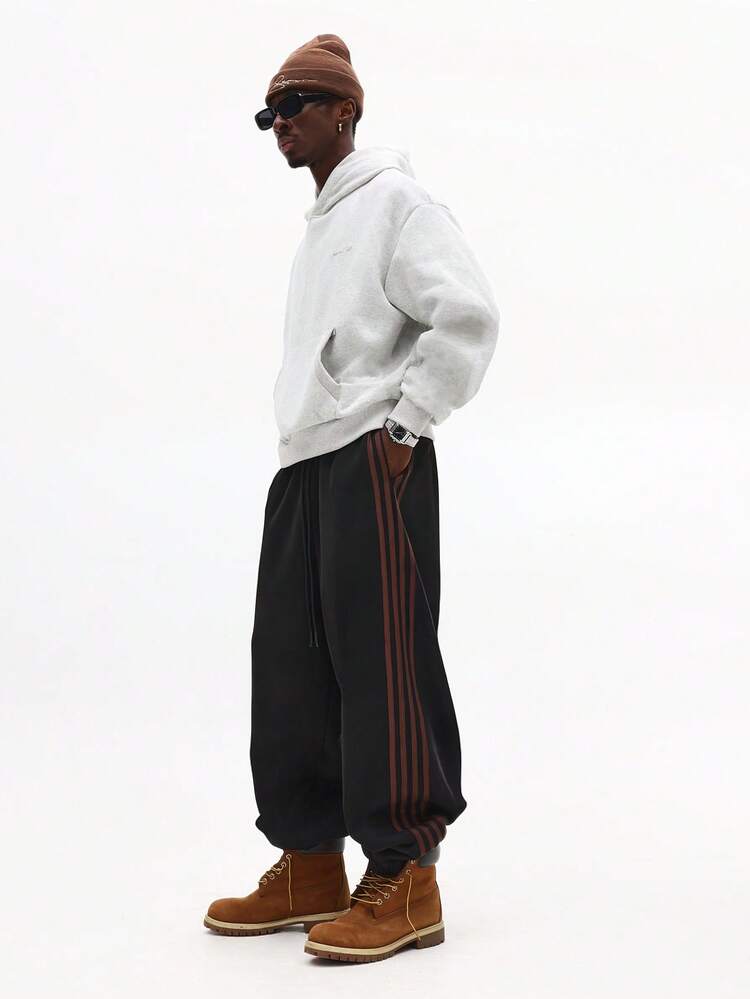 Baggy Fleece Sweatpants With Side Stripes Cuffed Ankles