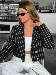 SHEIN Women's Cropped Blazer With White Pinstripes And Button Closure, Stylish And Modern Outerwear, High Quality Fabric - Black - View 4