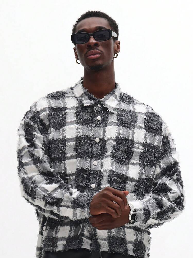 Textured Check Pattern Button Down Shirt With Frayed Edges