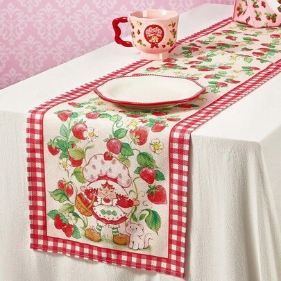 Strawberry Shortcake X SHEIN 1 pieza Camino de mesa antideslizante y grueso con estampado de fresa de dibujos animados, camino de mesa para días festivos, se adapta a varias longitudes de mesa 90/160/183/200 cm, ideas de regalo