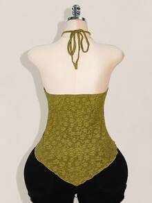 SHEIN ICON Plus Size Criss-Cross Halter Backless Jacquard Yellow Crop Top, Suitable For Summer, Vacation, Y2K - Green - View 2