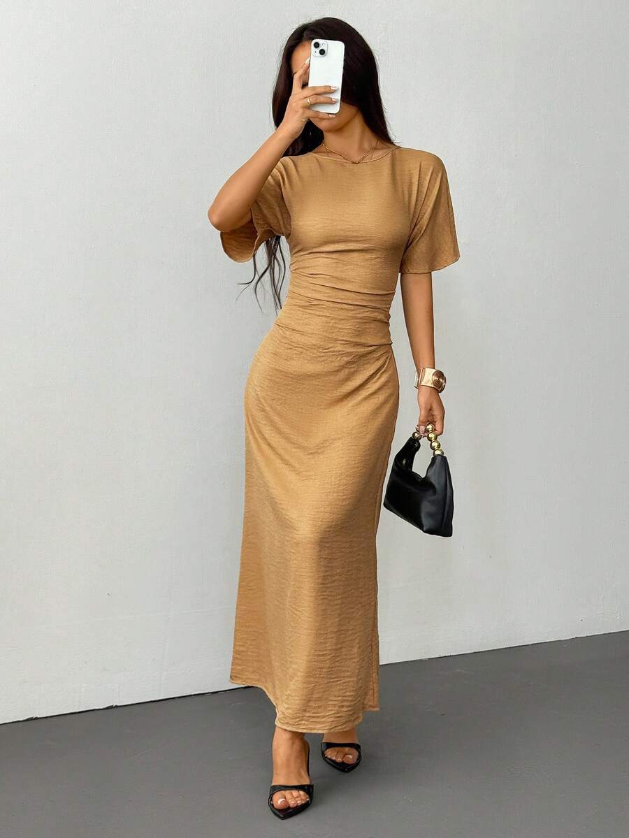 SHEIN PETITE Váy vải lanh pha trộn màu trơn thanh lịch dành cho nữ mùa hè, - Màu Khaki - Xem 1