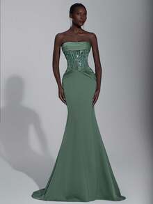 Elitara Elegant Gray-Green Gorgeous Beaded Sequined Satin Stitching Tube Top With Mesh Waist, See-Through Waist, Slimming Pleats, Fishtail Train. Suitable For Wedding Events, Autumn And Winter Party Dresses, Wedding Guests, Women's Luxury Evening Dress, Halloween And Christmas Dress.